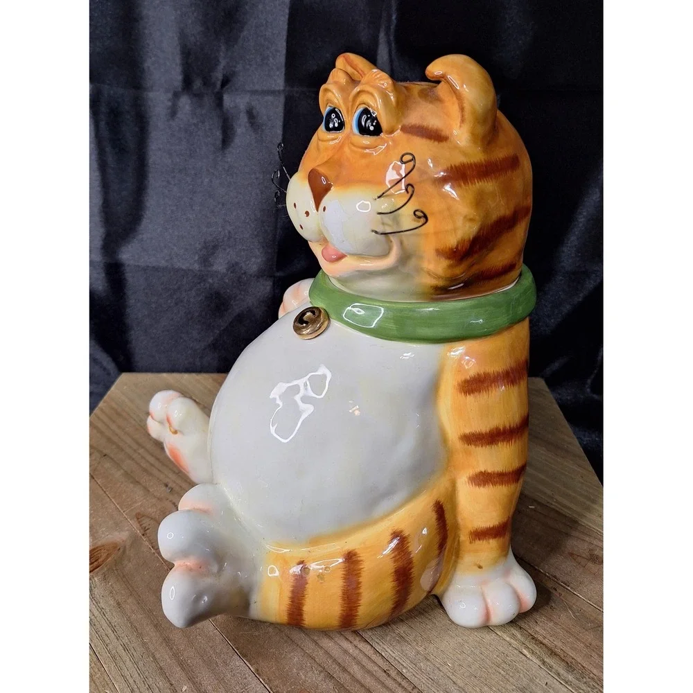 Vintage DCI Jim Orange 1990s Cat Ceramic Cookie Jar Green Collar Wire Whiskers